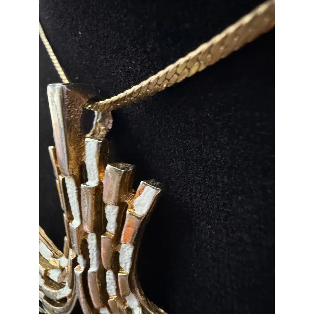 Vintage Brutalist Cross Necklace Gold Tone Enamel Statement Pendant 20